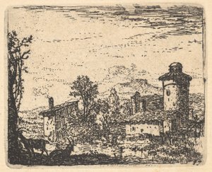 Krajobraz z dwoma rogatymi kozami w cieniu na lewym pierwszym planie, wiejskie zabudowania bey..., ca. 1641-78. autorstwa Karel Du Jardin