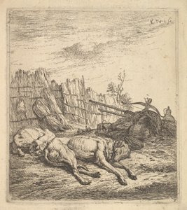 Dwa psy śpiące na ziemi, pług, sprzęt rolniczy, pęki słomy i...,ok. 1641-78. autorstwa Karel Du Jardin