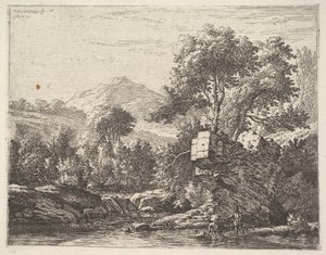 Dwóch mężczyzn stojących po kostki w zbiorniku wodnym, a za nimi skalista skała po lewej stronie, 1658. autorstwa Karel Du Jardin