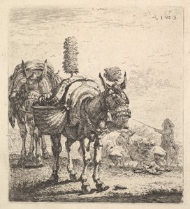 Dwa muły z sakwami i wyposażone w klapki, pióropusze i frędzle, jeden mu..., ca. 1641-78.