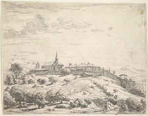 Wieś otoczona murem na wzgórzu, z kościołem po lewej stronie i zabudowaniami wzniesionymi na zboczu a..., 1658. autorstwa Karel Du Jardin