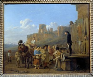 Włoscy szarlatani Marchand ambuland, którzy sprzedawali narkotyki na publicznych placach. Obraz Karela Dujardina (1621-1678) 1657. Wymiary 0,44 x 0,52 m