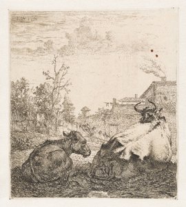 Leżąca krowa z łydką Zwierzęta (tytuł serii) autorstwa Karel du Jardin (signed by artist)