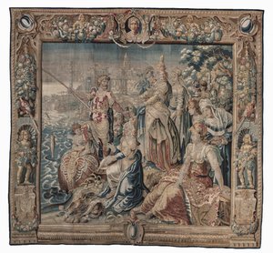 Antoniusz i Kleopatra (Antoniusz łapie soloną rybę); gobelin, data nieznana (wełna | ołówek) autorstwa Karel van II Mander