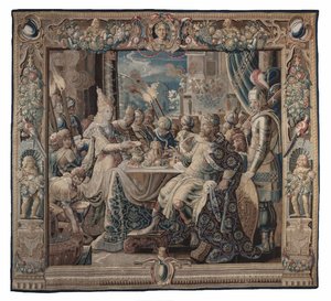 Cleopatra Entertains Antony; gobelin, około 1640 (wełna i jedwab o splocie płóciennym z wełnianą osnową gobelinu) autorstwa Karel van II Mander