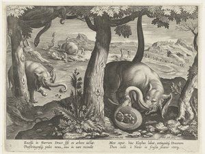Olifant poznał slang w walce Jachttaferelen (tytuł serii) Polowanie na zwierzynę, ptactwo i ryby w Bestiariuszu (tytuł serii) autorstwa Karel van Mallery (attributed to)