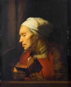 Portret starej kobiety trzymającej otwartą książkę