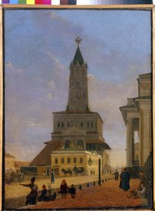 Wieża Suchariew w Moskwie. Zbudowany w 1695 r. przez architekta Tchoglokova i rozebrany w 1934 r., znajdował się na rogu pierścienia ogrodów i ulicy Stretenka. Obraz Karola Pietrowicza Bodriego (1812-1894), olej na płótnie autorstwa Karl Fridrikh Petrovich Bodri