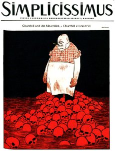 Okładka niemieckiego magazynu Simplicissimus (ok. ) przedstawia Churchilla i rzekę krwi i czaszek. ok. 1940 r. (litografia)