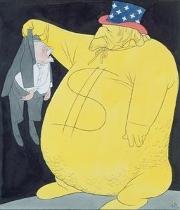 Wujek Sam jako worek dolarów z Poincare (akwarela, pióro i tusz indyjski na papierze)