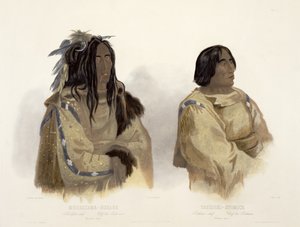 Mehkskeme-Sukahs, Blackfoot Chief i Tatsicki-Stomick, Piekann Chief, płyta 45 z tomu 2 „Podróże po wnętrzu Ameryki Północnej”, rytowana przez Allaisa, 1844 (akwatinta) autorstwa Karl Bodmer