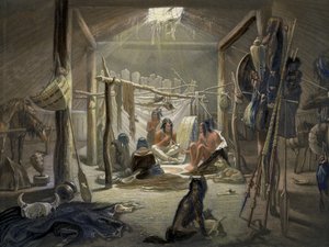 Wnętrze chaty wodza mandanów, tablica 19 z tomu 2 Travels in the Interior of North America, rytowana przez Narcisse Desmadryl, 1844 kolor akwatinty z 103848 autorstwa Karl Bodmer