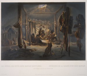 Wnętrze chaty wodza mandanów autorstwa Karl Bodmer