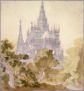 Zalesiony pejzaż z gotyckim kościołem (ołówek, tusz i akwarela) autorstwa Karl Friedrich Schinkel