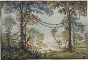 Armida. Opera Christopha Willibalda Glucka. Projekt 3. dekoracji. Gaj ozdobiony girlandami nad brzegiem jeziora autorstwa Karl Friedrich Schinkel