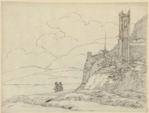 Krajobraz górski z ruinami wieży i postaciami autorstwa Karl Friedrich Schinkel