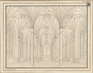 Berlin, Spittelmarkt. Projekt kościoła św. Gertrudy. Widok wnętrza, przez nawę ku chórowi autorstwa Karl Friedrich Schinkel