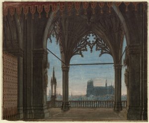 Dziewica Orleańska. Tragedia Fryderyka Schillera. Projekt do 8. dekoracji. Gotycka sala z widokiem na Reims autorstwa Karl Friedrich Schinkel