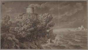 Skaliste wybrzeże morskie z latarnią morską w stylu antycznym, przy wzburzonym morzu autorstwa Karl Friedrich Schinkel