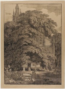 Gotycki kościół za gajem dębowym z grobowcami autorstwa Karl Friedrich Schinkel