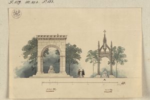 Lützen. Projekt pomnika króla Gustawa II Adolfa Szwedzkiego jako otwartej z czterech stron hali arkadowej oraz tabernakulum nad szwedzkim kamieniem autorstwa Karl Friedrich Schinkel
