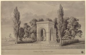 Lützen. Projekt pomnika króla Szwecji Gustawa II Adolfa w formie romańskiej hali nad Szwedzkim Kamieniem z dołączoną apsydą. Widok autorstwa Karl Friedrich Schinkel