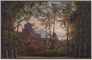 Nurmahal, czyli święto róż w Kaszmirze. Opera Gasparego Spontiniego. Projekt 1. dekoracji. Ogród pałacowy z widokiem na Kaszmir autorstwa Karl Friedrich Schinkel