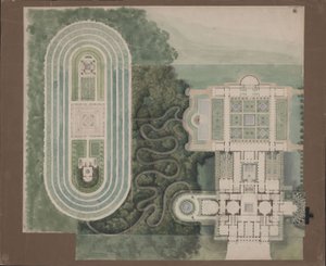 Poczdam-Sanssouci. Antyczny dom wiejski przy pałacu Charlottenhof. Plan sytuacyjny i rzut autorstwa Karl Friedrich Schinkel