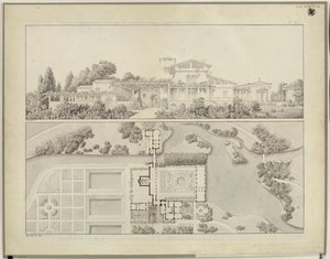 Poczdam-Sanssouci. Łaźnie rzymskie przy pałacu Charlottenhof. Widok od zachodu i plan domu ogrodnika autorstwa Karl Friedrich Schinkel