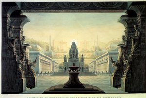Wystrój teatru: Dekoracja do opery „Zaczarowany flet” Wolfganga Amadeusza Mozarta do libretta Emanuela Schikanedera. Rysunek Karla Schinkla (1781-1841) autorstwa Karl Friedrich Schinkel