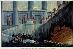 Wystrój teatralny na czarujący flet (Opera „Die Zauberflote” Wolfganga Amadeusza Mozarta). Grawerowanie Karla Schinkla (1781-1841) Ec. Wszystko. autorstwa Karl Friedrich Schinkel