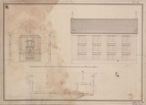 Tillendorf (Bolesławice, rejencja legnicka). Projekt kościoła ewangelickiego. Rzut poziomy, elewacja fasady bocznej i przekrój poprzeczny autorstwa Karl Friedrich Schinkel