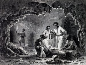 Odkrycia archeologiczne w jaskiniach Samoun, rycina na podstawie rysunku Karla Girardeta (1813-1871)