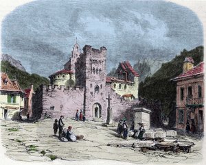 Kościół Rycerzy Zakonu Świątyni (Templariuszy) w Luz Saint Saviour (Luz-Saint-Sauveur lub Luz St Saviour, Luz-St-Sauveur). Rysunek Karla Girardeta (1813-1871)