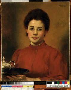 ""Młoda Kobieta W Czerwieni"" Portret Kobiety Niosącej Tacę Z Czajniczek Srebrny. (Kobieta w czerwieni) Obraz Karla (Carla) Gusova (1843-1907) 1904 Muzeum Sztuk Pięknych Mikalojus Konstantinas Ciurlionis, Kowno, Litwa