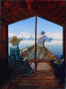 „Wczesny poranek nad Łabą”” rejs statkiem po Łabie koło Drezna (Wycieczka barką po Łabie koło Drezna (Poranek nad Łabą) Obraz Carla Gustava Carusa (1789-1869) Olej na płótnie 1827 Ciemne 29x22 cm Muzeum Kunstpalast, Düsseldorf