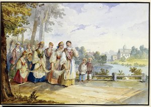 Rosyjskie chłopskie dziewczyny w strojach festiwalowych. Praca Karla Iwanowicza Kolmanna (1786-1846), akwarela na tekturze