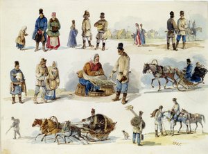 Rosyjskie typy ludowe. (Typy ludowe Rosji). Praca Karla Iwanowicza Kolmanna (1786-1846), akwarela na tekturze