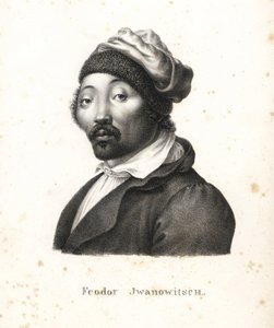 Feodor Jwanowitsch, koczownik kałmucki porwany przez Rosjan, późniejszy malarz i miedziorytnik. Litografia Karla Josepha Brodtmanna z Ilustrowanej historii naturalnej ludzi i zwierząt Heinricha Rudolfa Schinza autorstwa Karl Joseph Brodtmann