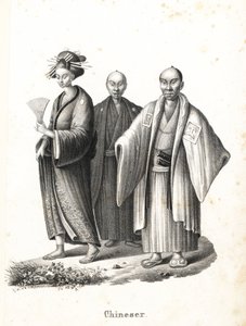 Japoński oiran i samuraj. Japońska kurtyzana w kimonie z wachlarzem i ozdobami do włosów oraz dwóch japońskich samurajów w fryzurze chonmage, noszących montsuki na hakamie z dwoma mieczami (katana) za pasami. (Zatytułowany chiński przez pomyłkę). Litografi