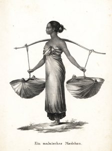 Malajska dziewczyna ze związanymi włosami, niosąca trampki z jarzma. Litografia Karla Josepha Brodtmanna z Ilustrowanej historii naturalnej ludzi i zwierząt Heinricha Rudolfa Schinza autorstwa Karl Joseph Brodtmann