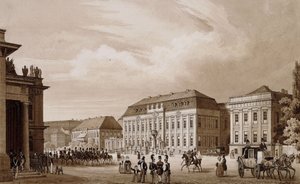 Unter den Linden, Berlin. Widok z Neue Wache w kierunku Kronprinzenpalais z Prinzessinenpalais po prawej i Kommandatur po lewej stronie,