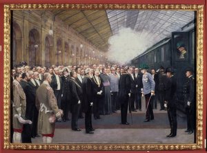 Przyjęcie cesarza Austrii Franciszka Józefa I (1830-1916) na Dworcu Państwowym z okazji aneksji Bośni i Hercegowiny, 31 października autorstwa Karl Maria Schuster