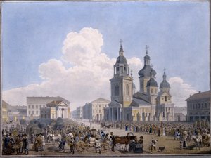 Rynek Sienny i Kościół Wniebowzięcia NMP w Petersburgu - Praca Karla Pietrowicza Beggrova (1799-1875), akwarela na papierze (10,3x15,1 cm),1820-1830 - Państwo Rosja