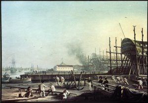 Stocznia Admiralicji w Sankt Petersburgu (Sankt-Petersburg). (Stocznia Marynarki Wojennej Admiralicji w Sankt Petersburgu). Obraz Karla Pietrowicza Beggrova (1799-1875). Olej na płótnie, XIX-wieczna sztuka rosyjska. Państwowe Muzeum Rosyjskie w Sankt Peter