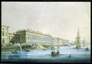 Widok na nabrzeże pałacowe w Sankt Petersburgu. Obraz Karla Pietrowicza Beggrova (1799-1875). Akwarela i tusz na papierze, ok. 1830, XIX-wieczna sztuka rosyjska, klasycyzm. Państwowe Muzeum Rosyjskie, Saint Pet
