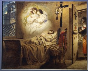 Koszmar zakonnicy. Młoda śpiąca zakonnica marzy o romansie, a matka przełożona otwiera drzwi do swojej celi. Praca Karla Pavlovicha Briullova (Briullov) (1799-1852), akwarela na tekturze