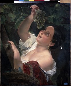 Środkowy dzień włoski (południe włoskie). Młoda kobieta, nagie ramię, zbierająca kiść winogron - Obraz Karla Pavlovicha Briullova (Briullov) (1799-1852) - olej na płótnie autorstwa Karl Pavlovich Bryullov