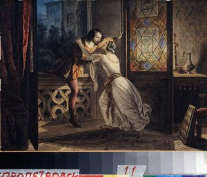 Romeo i Julia (Romeo i Julia). Mężczyzna wspinający się po balkonie, by znaleźć kobietę na tajnym spotkaniu. Obraz Karla Pavlovicha Briullova (Bryullov) (1799-1852). Akwarela na tekturze, ok. 1830, 23,2 x 31,5 cm, sztuka rosyjska autorstwa Karl Pavlovich Bryullov