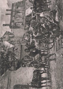 Wschodniopruscy uchodźcy wracający do domu, odpoczywający na rynku (placu) w Tapiau, ilustracja z Hindenburga wydanego przez Daterlandischer Derlag C U Weller Berlin autorstwa Karl Storch